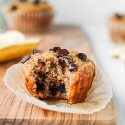 These easy Whole Wheat Chocolate Chip Muffins are a healthy, lightly sweetened take on your traditional Banana Chocolate Chip Muffin recipe. The whole family will love them, I know mine does!