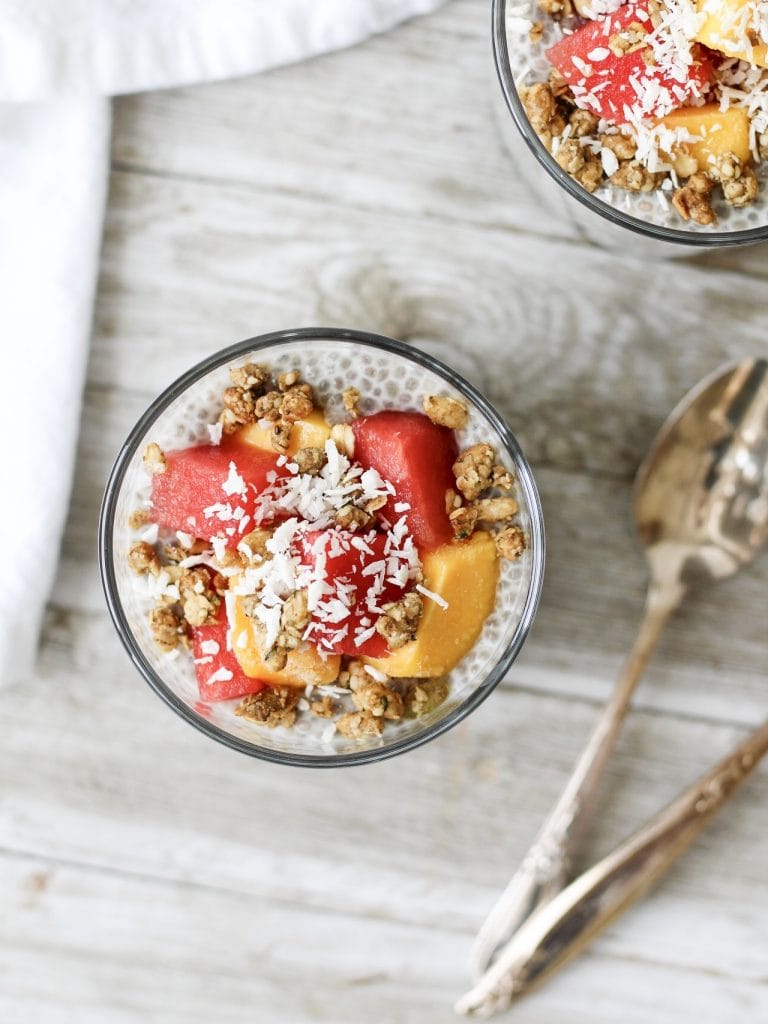 Chia pudding topped with fruit, coconut and granola