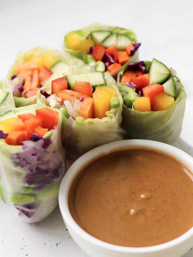 Vegetable rice paper rolls on a white speckled plate beside a dish of peanut sauce