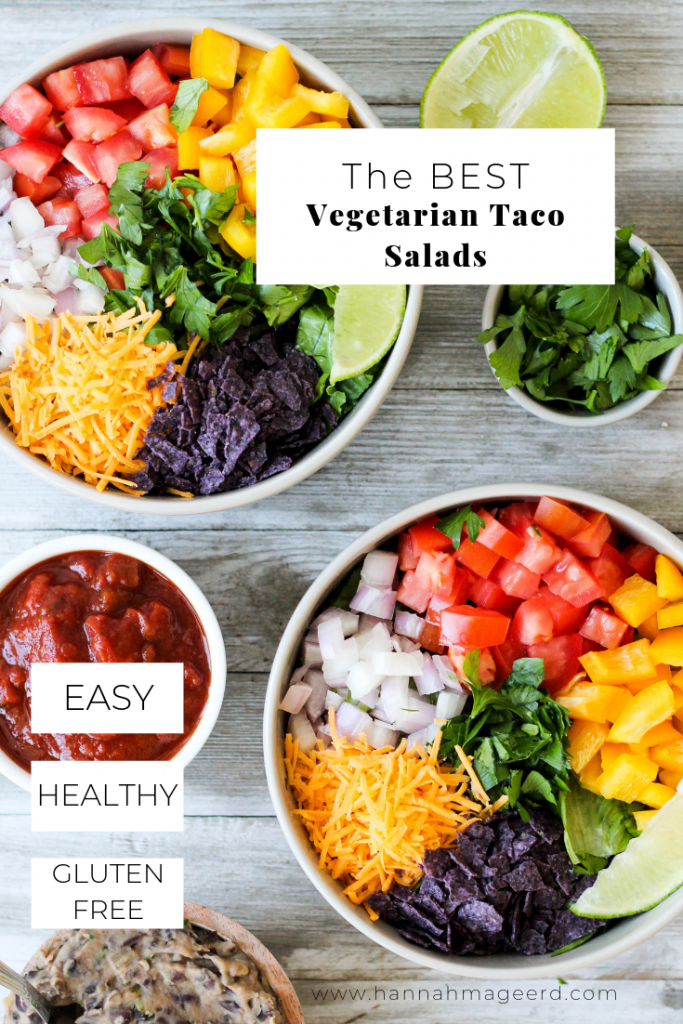 These vegetarian taco salads make a super quick dinner or packed lunch. They're perfect for meal-prep or when you just don't want to spend a ton of time cooking. Gluten-free, packed with tons of healthy veggies, and can easily be made vegan without the cheese. 