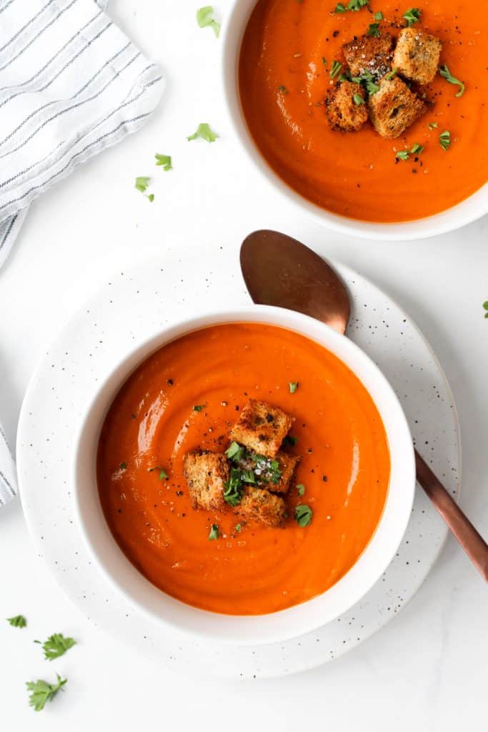 This creamy tomato basil soup is packed with flavour and nutrition. The secret ingredient (white beans!) provides a creamy consistency while adding protein and fibre, making this soup a satisfying and healthy meal!