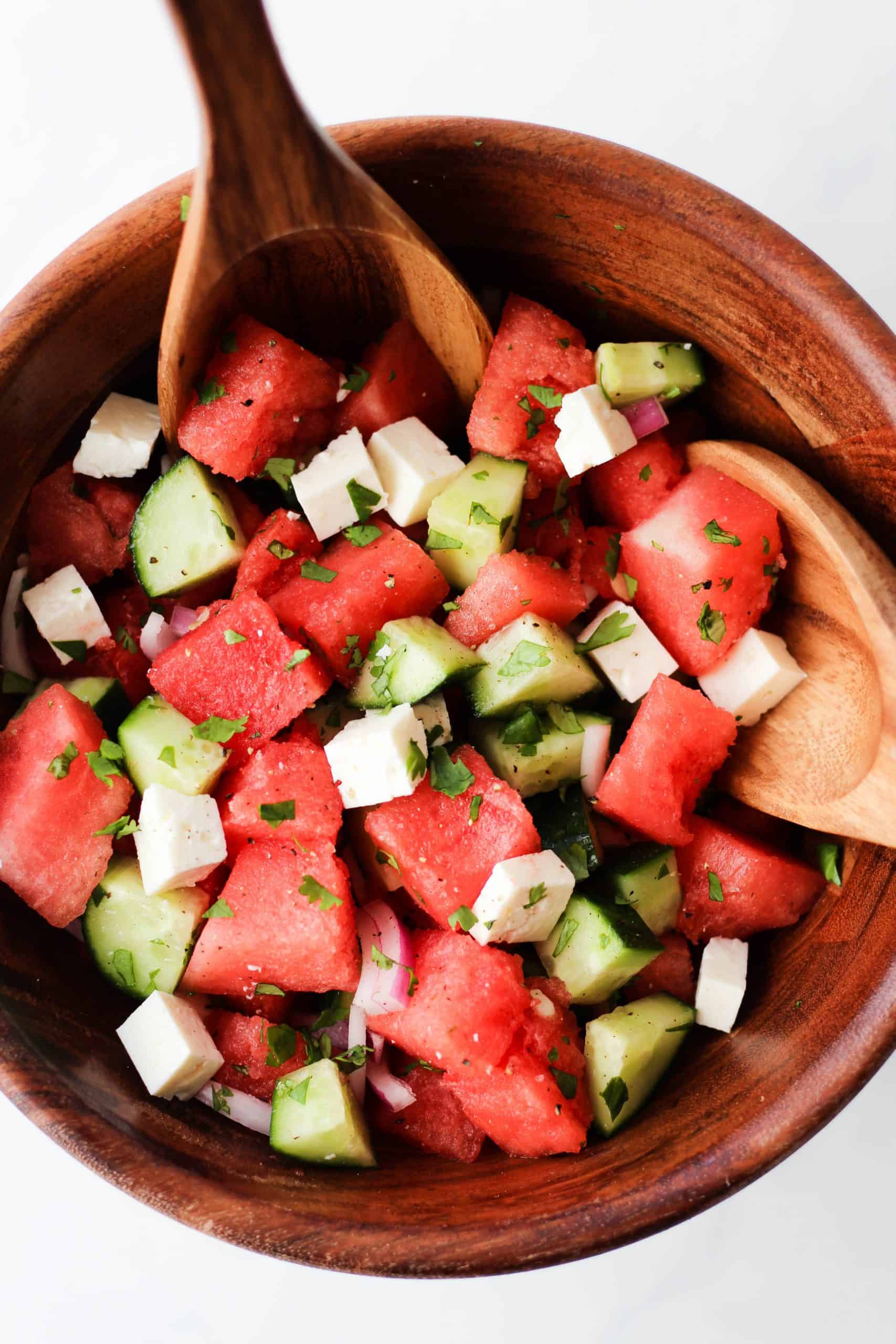 Watermelon Feta Salad with cucumber, cilantro and lime juice