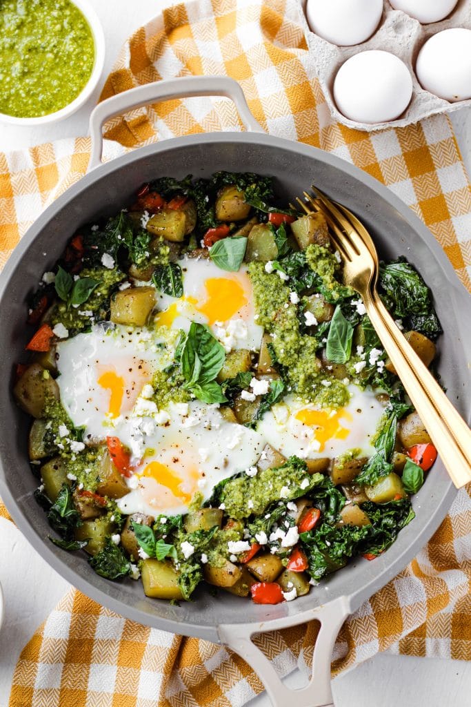 Pesto eggs are trending! This Pesto Eggs & Potato Skillet is makes a quick, easy, and healthy one-pan meal for any time of the day. The best part? You'll only have one dish to clean afterwards!