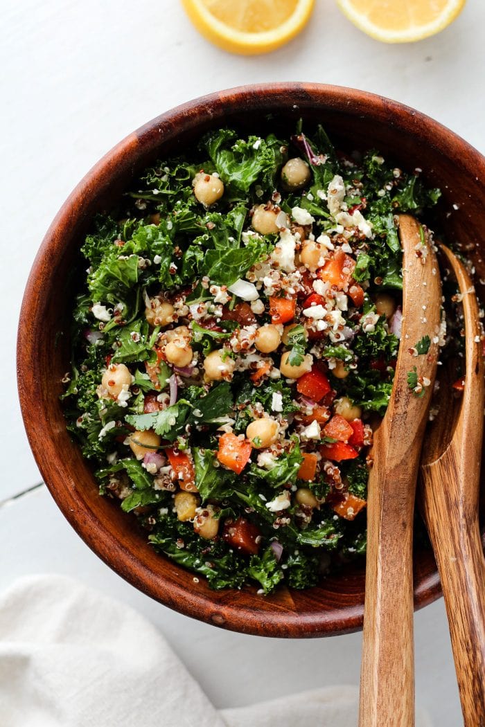 Kale quinoa chickpea salad in a bowl