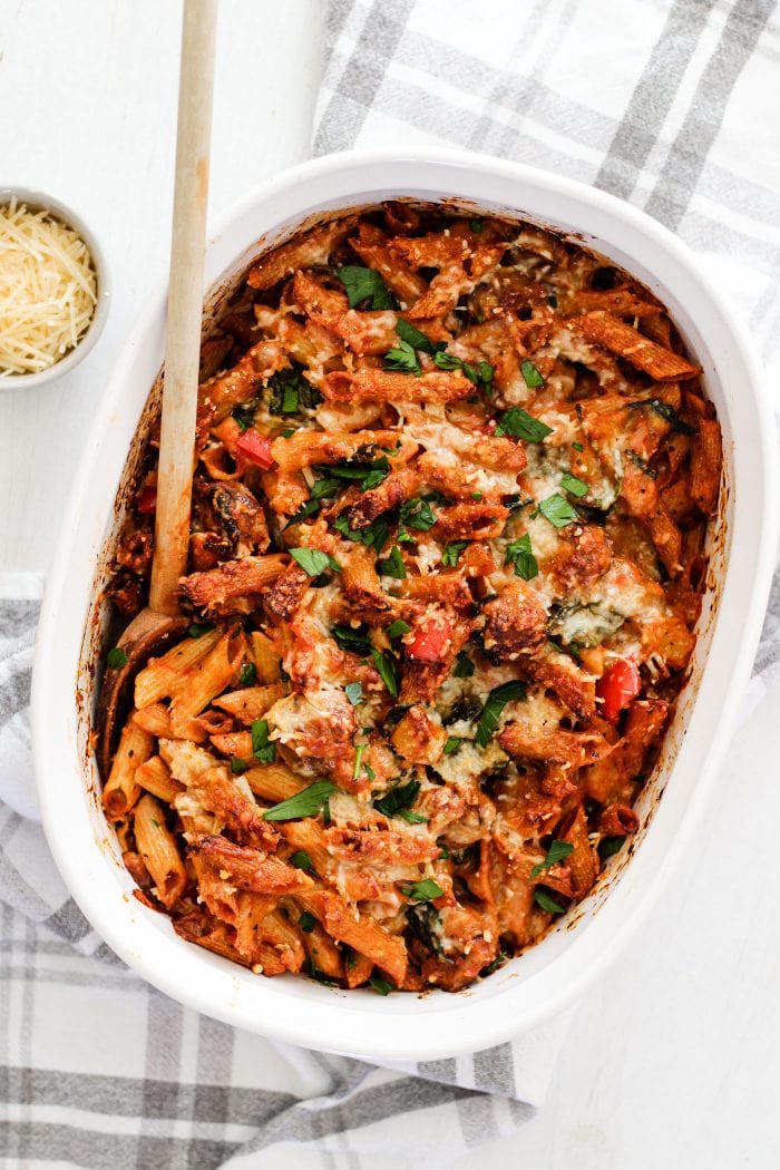 sausage and vegetable pasta bake in a casserole dish