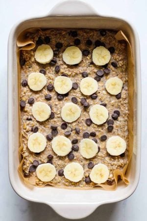 banana bread baked oatmeal in a pan before baking