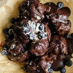 chocolate-covered blueberry yogurt clusters in a bowl
