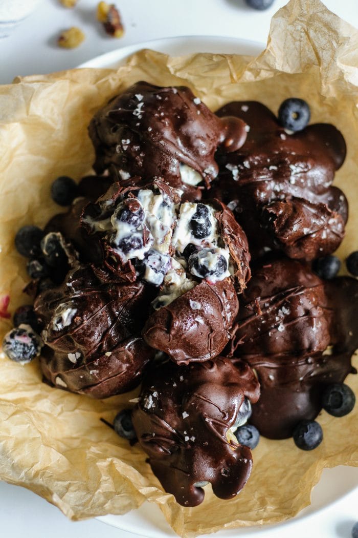 chocolate-covered blueberry yogurt clusters in a bowl