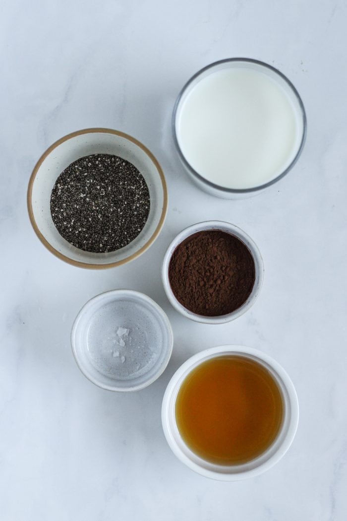 ingredients for chocolate chia pudding in bowls including chia seeds, cocoa powder, maple syrup, milk, and sea salt