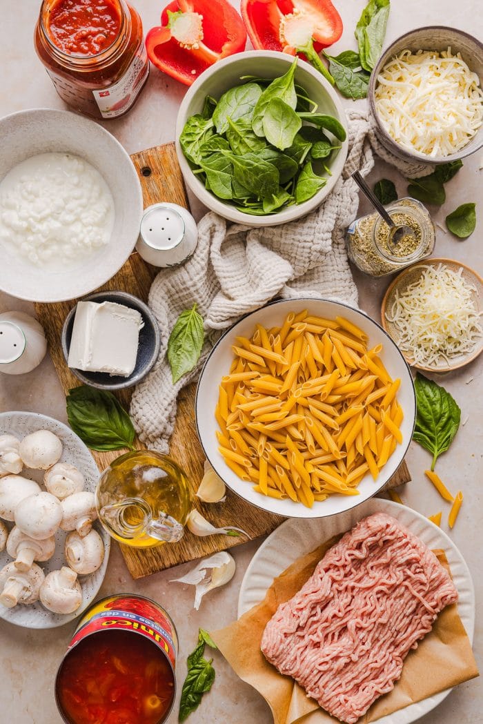 ingredients for a turkey tomato pasta bake recipe
