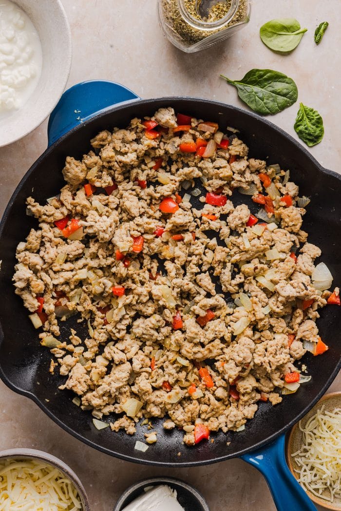 pan of cooked ground turkey and vegetables
