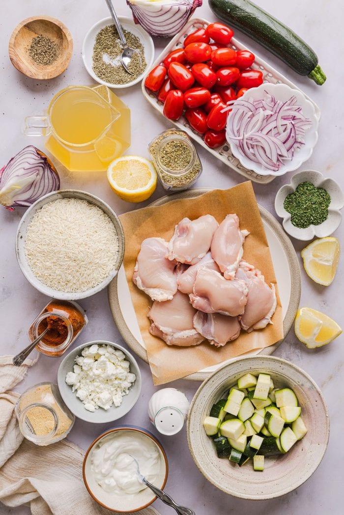ingredients for dump and bake greek chicken and rice casserole