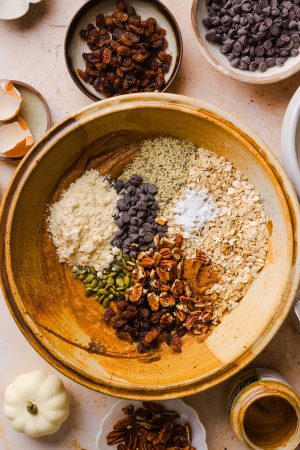 rolled oats, protein powder, hemp seeds, pumpkin seeds, chopped pecans, chocolate chips, and raisins in a large mixing bowl on top of a wet ingredient mixture